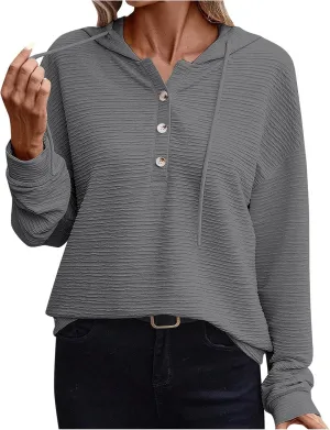 Hoodies for Women Drawstring Button Down V Neck Long Sleeve Casual Pullover Sweatshirt Hooded Spring Fall Tops 2024