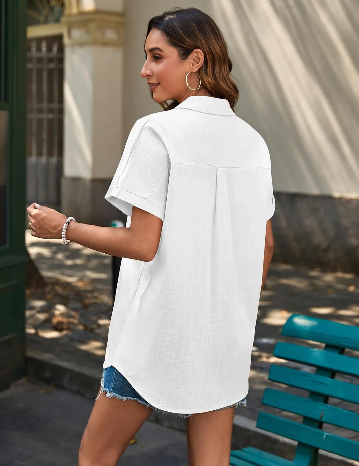 HOTOUCH Linen Button Down Shirt Women Short Sleeve Cotton Blouses V Neck Collared Summer Beach Tops S-2XL