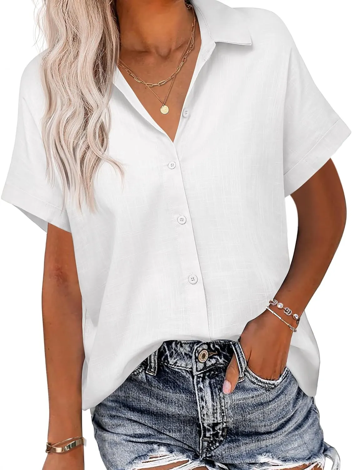 HOTOUCH Linen Button Down Shirt Women Short Sleeve Cotton Blouses V Neck Collared Summer Beach Tops S-2XL
