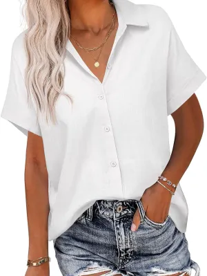 HOTOUCH Linen Button Down Shirt Women Short Sleeve Cotton Blouses V Neck Collared Summer Beach Tops S-2XL