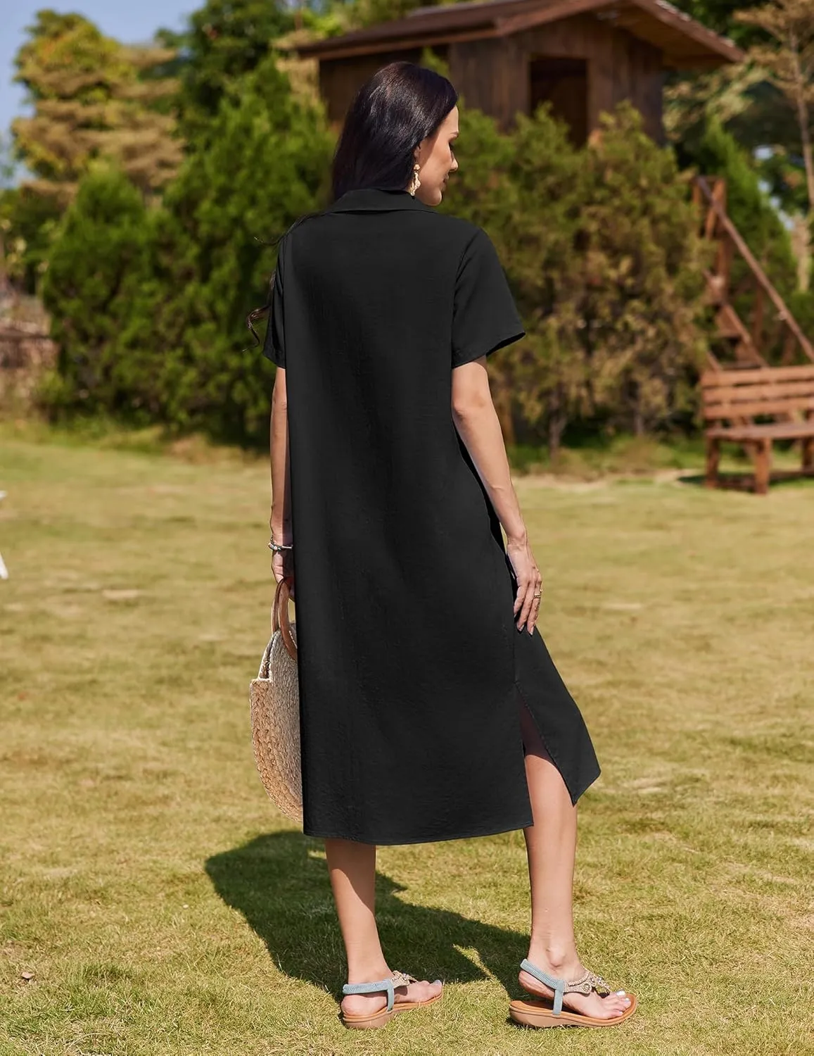 HOTOUCH Womens Dress Summer Casual Midi Short Sleeve Button Down Shirt Dress Loose Beach Cover Up Dress with Pockets