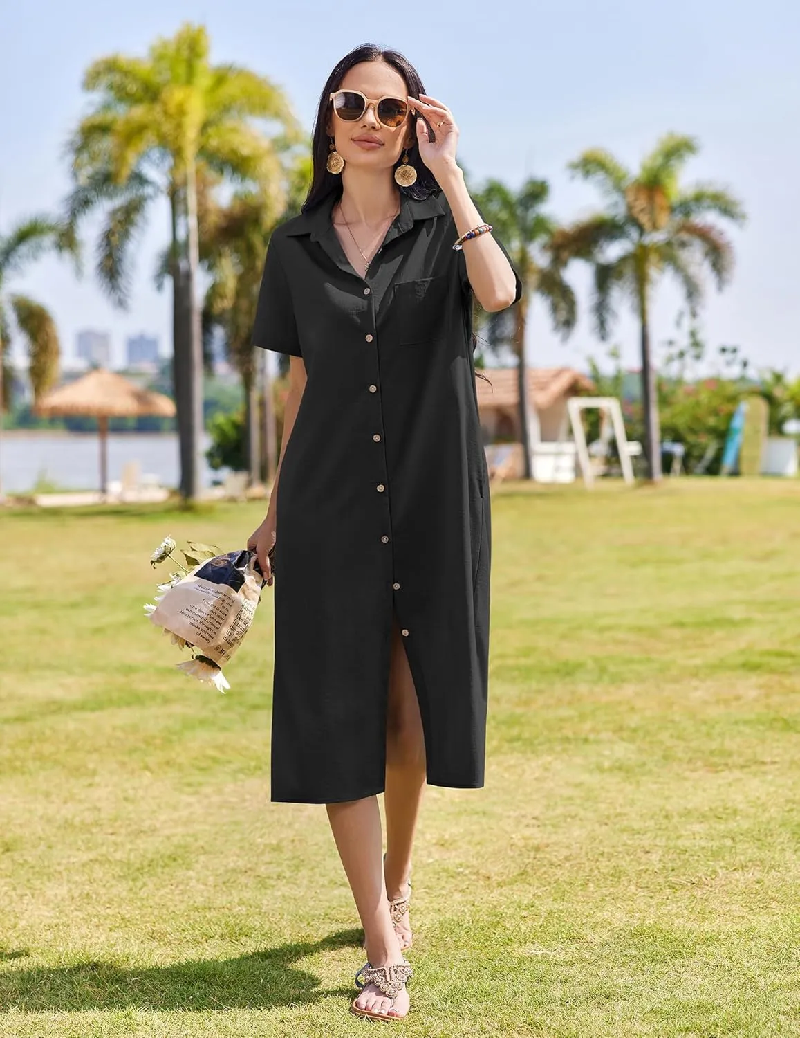 HOTOUCH Womens Dress Summer Casual Midi Short Sleeve Button Down Shirt Dress Loose Beach Cover Up Dress with Pockets