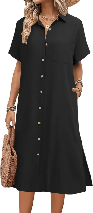 HOTOUCH Womens Dress Summer Casual Midi Short Sleeve Button Down Shirt Dress Loose Beach Cover Up Dress with Pockets