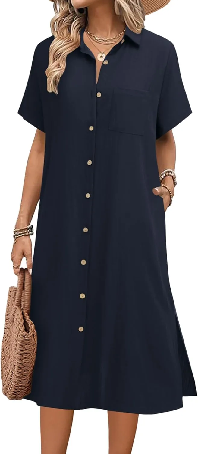 HOTOUCH Womens Dress Summer Casual Midi Short Sleeve Button Down Shirt Dresses Loose Beach Cover Up with Pockets