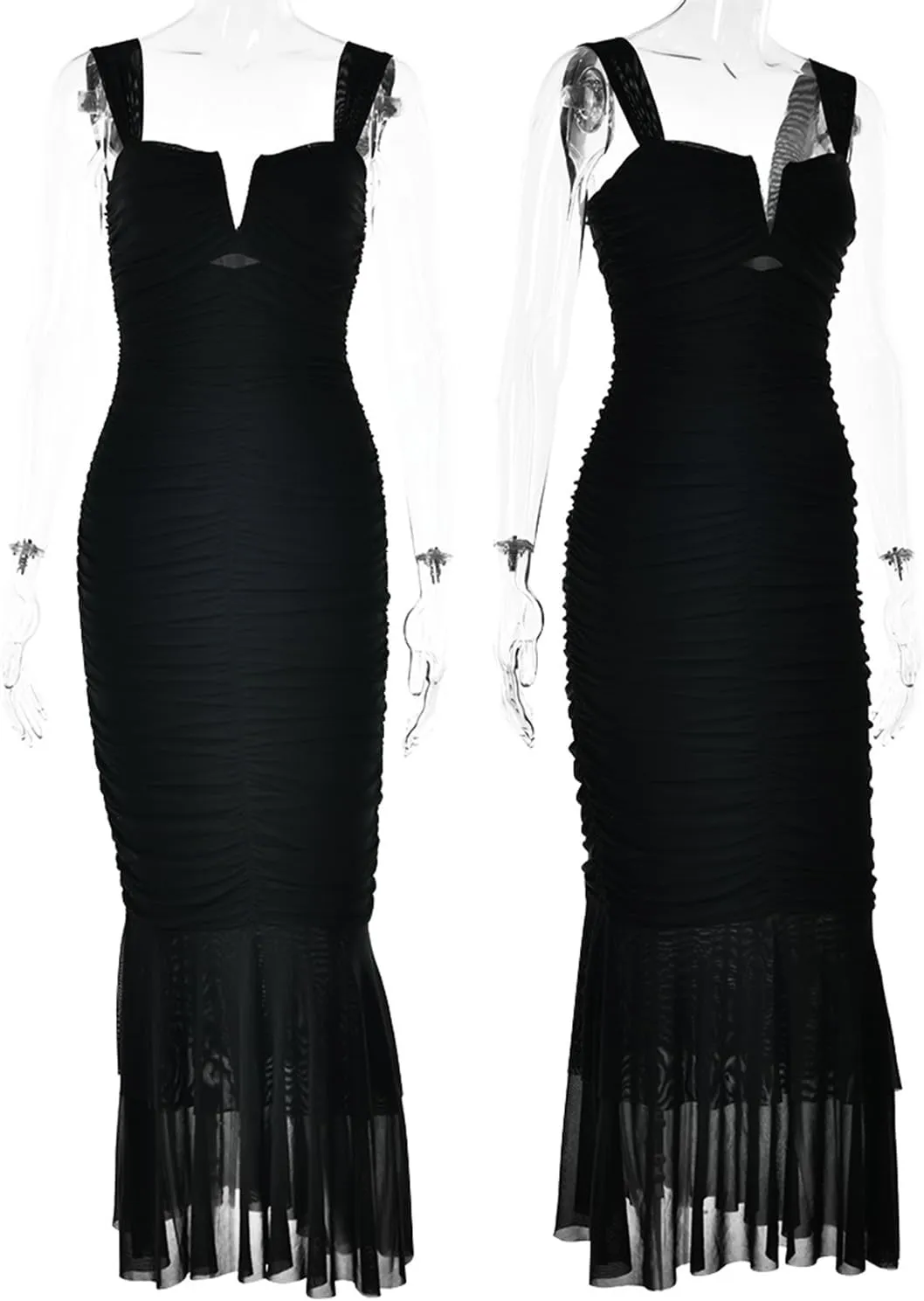 houstil Women's Strap Wedding Guest Dress Wrinkles Mesh Bodycon Party Maxi Cocktail Cut Out Clubwear Summer
