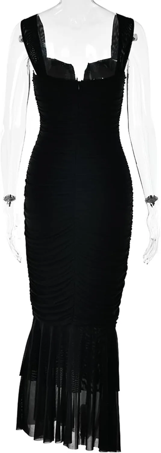 houstil Women's Strap Wedding Guest Dress Wrinkles Mesh Bodycon Party Maxi Cocktail Cut Out Clubwear Summer