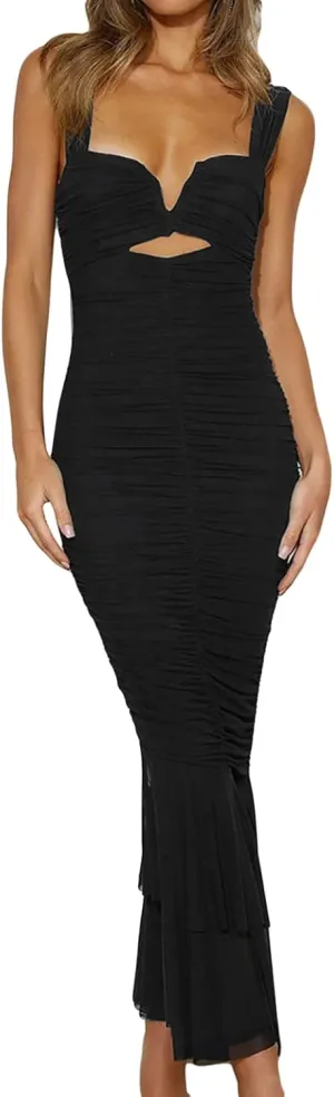 houstil Women's Strap Wedding Guest Dress Wrinkles Mesh Bodycon Party Maxi Cocktail Cut Out Clubwear Summer
