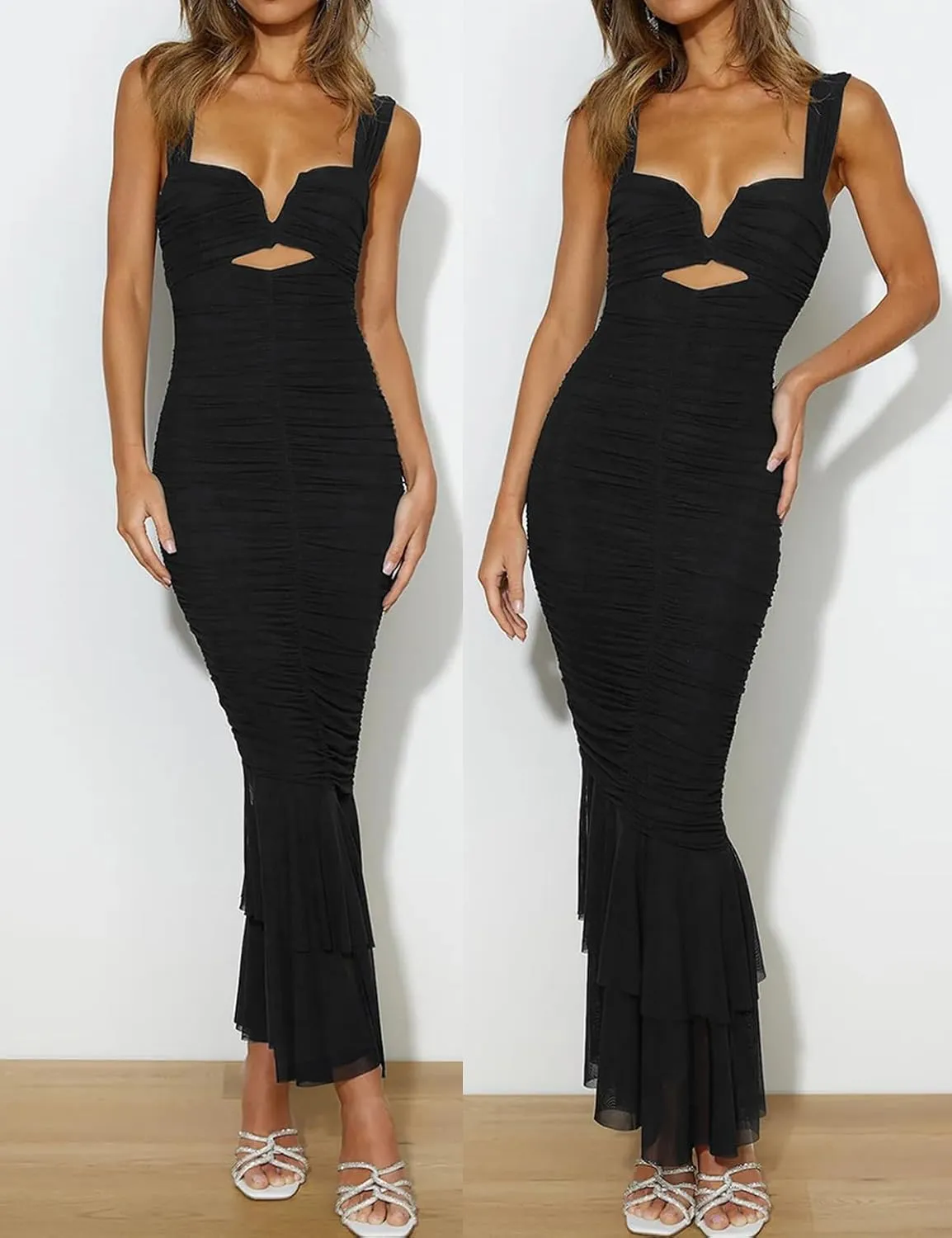 houstil Women's Strap Wedding Guest Dress Wrinkles Mesh Bodycon Party Maxi Cocktail Cut Out Clubwear Summer