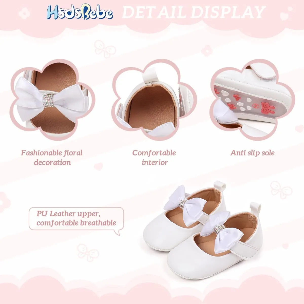 HsdsBebe Infant Baby Girls Mary Jane Flats Bow Non-Slip Soft Sole Princess Toddler First Walkers Sneaker Wedding Dress Shoes