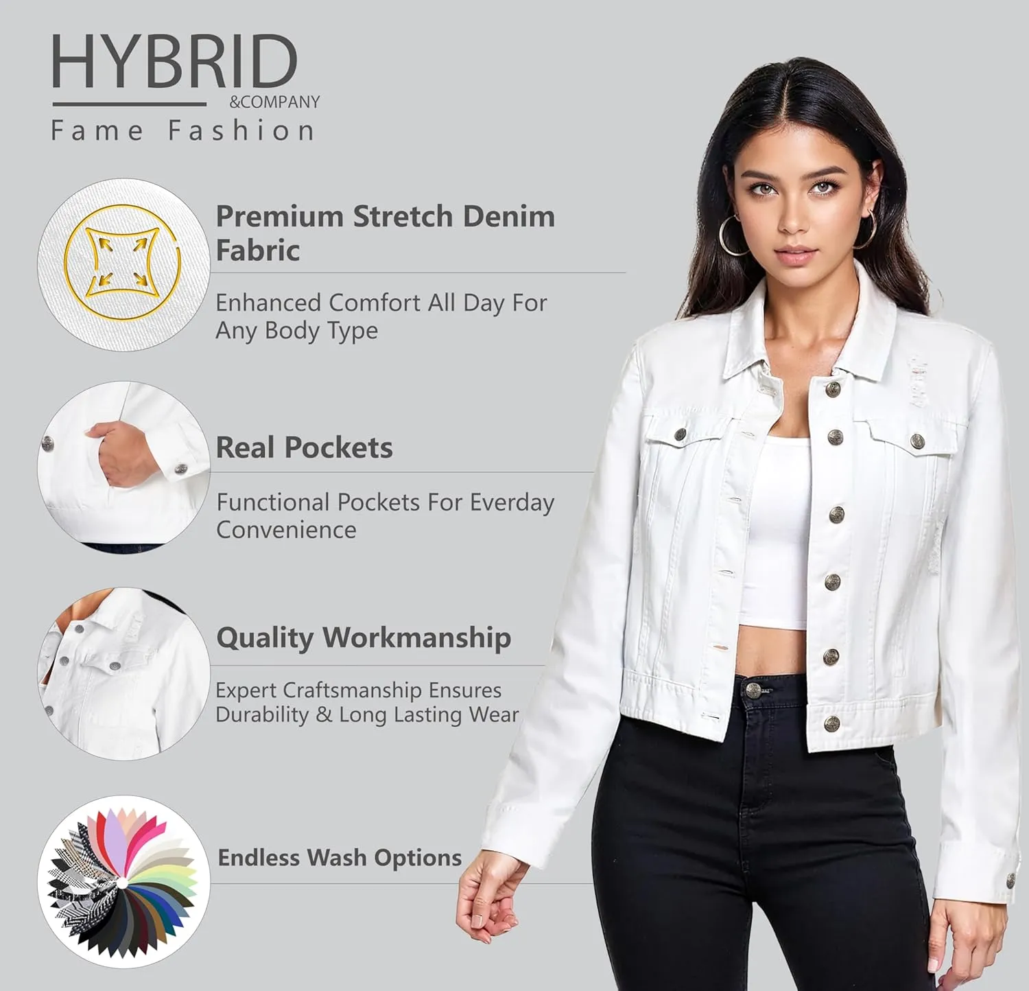 Hybrid & Company Women's Long Sleeve Denim Jackets Basic Button Down Jean Jacket with Pockets
