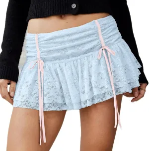 ICNGLKSND Women Y2K Bow Tie Lace Mini Skirt Floral Slip Ruffled Underskirt Pleated Lingerie Lace Layer Skirt with Drawstring