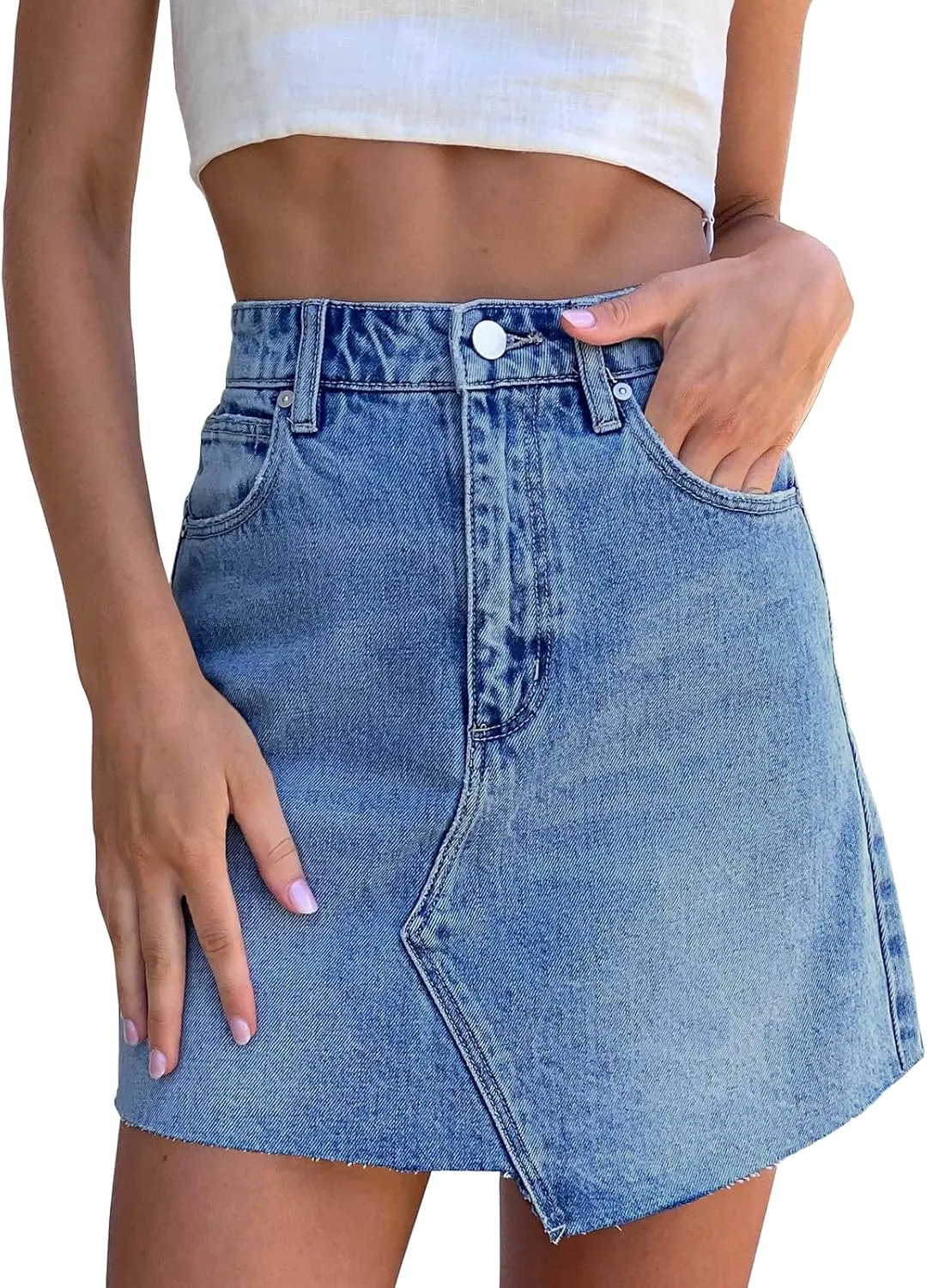 imesrun Womens Mini Denim Skirts Causal High Waisted Cute Asymmetrical Hem Summer Short Jean Skirts with Pockets