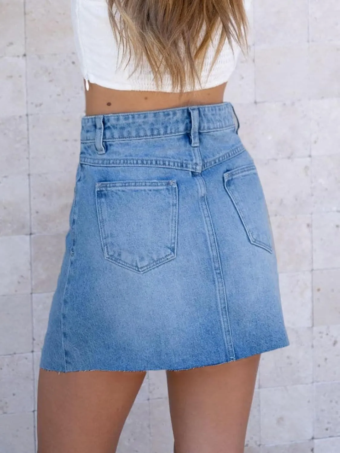 imesrun Womens Mini Denim Skirts Causal High Waisted Cute Asymmetrical Hem Summer Short Jean Skirts with Pockets