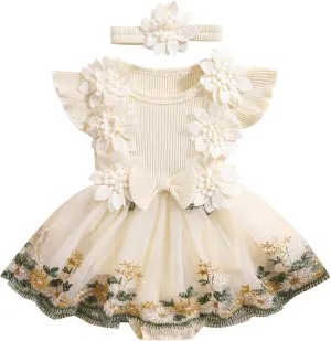 Infant Baby Girl Summer Clothes Romper Dress Embroidery Mesh Tulle Skirt Hem Ribbed Bodysuit Cute Newborn Outfits