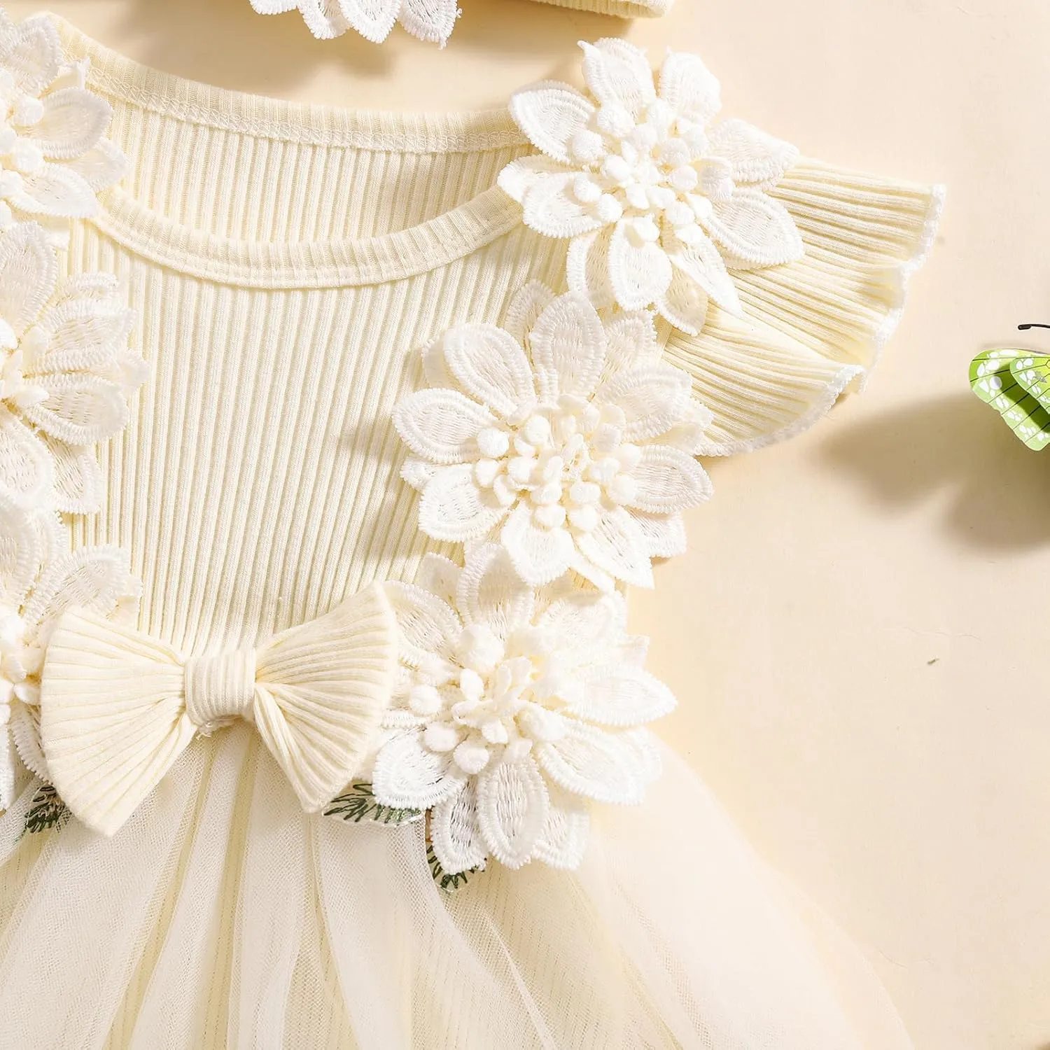 Infant Baby Girl Summer Clothes Romper Dress Embroidery Mesh Tulle Skirt Hem Ribbed Bodysuit Cute Newborn Outfits
