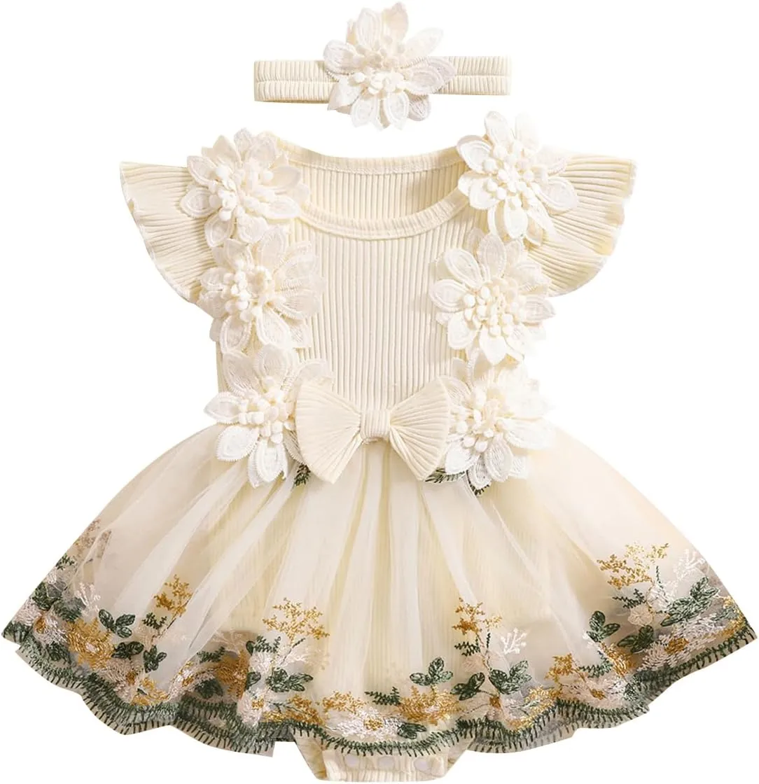 Infant Baby Girl Summer Clothes Romper Dress Embroidery Mesh Tulle Skirt Hem Ribbed Bodysuit Cute Newborn Outfits