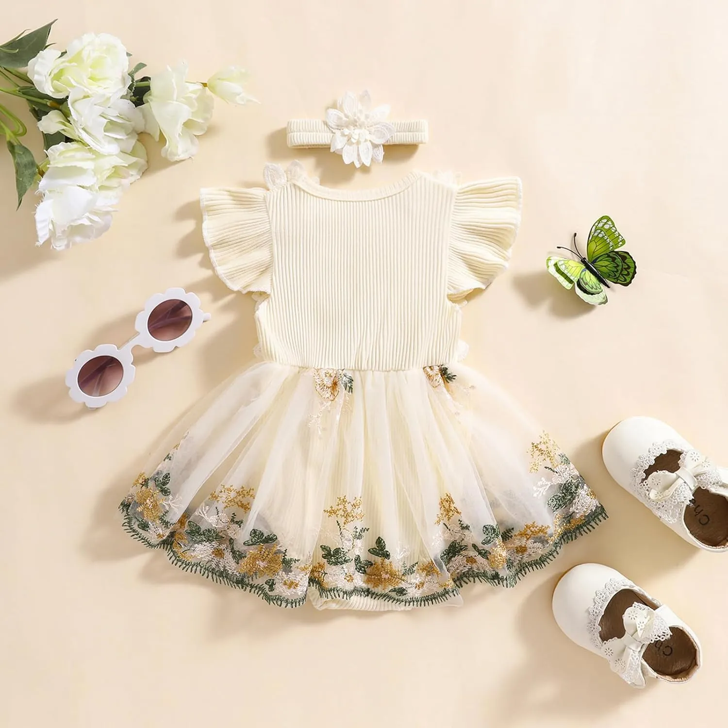 Infant Baby Girl Summer Clothes Romper Dress Embroidery Mesh Tulle Skirt Hem Ribbed Bodysuit Cute Newborn Outfits