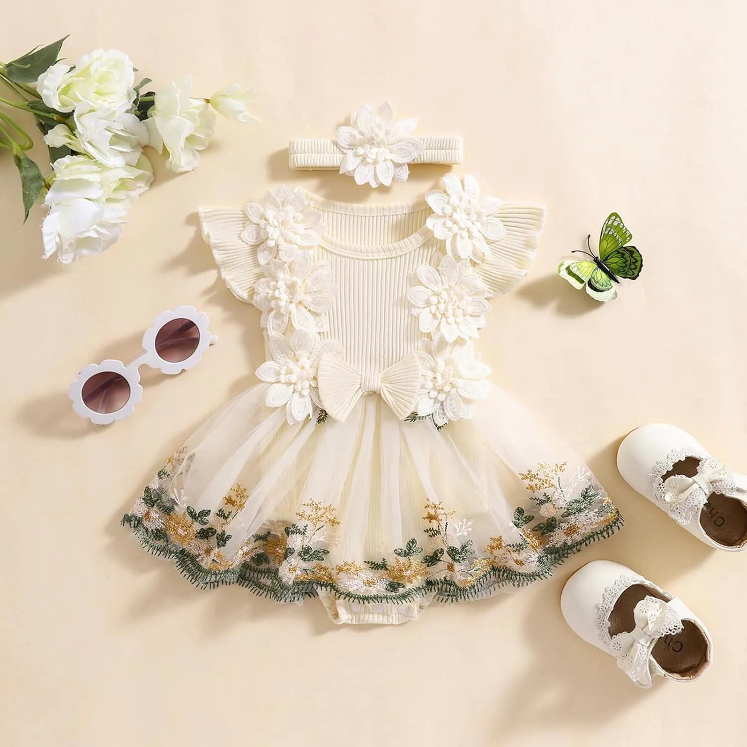 Infant Baby Girl Summer Clothes Romper Dress Embroidery Mesh Tulle Skirt Hem Ribbed Bodysuit Cute Newborn Outfits