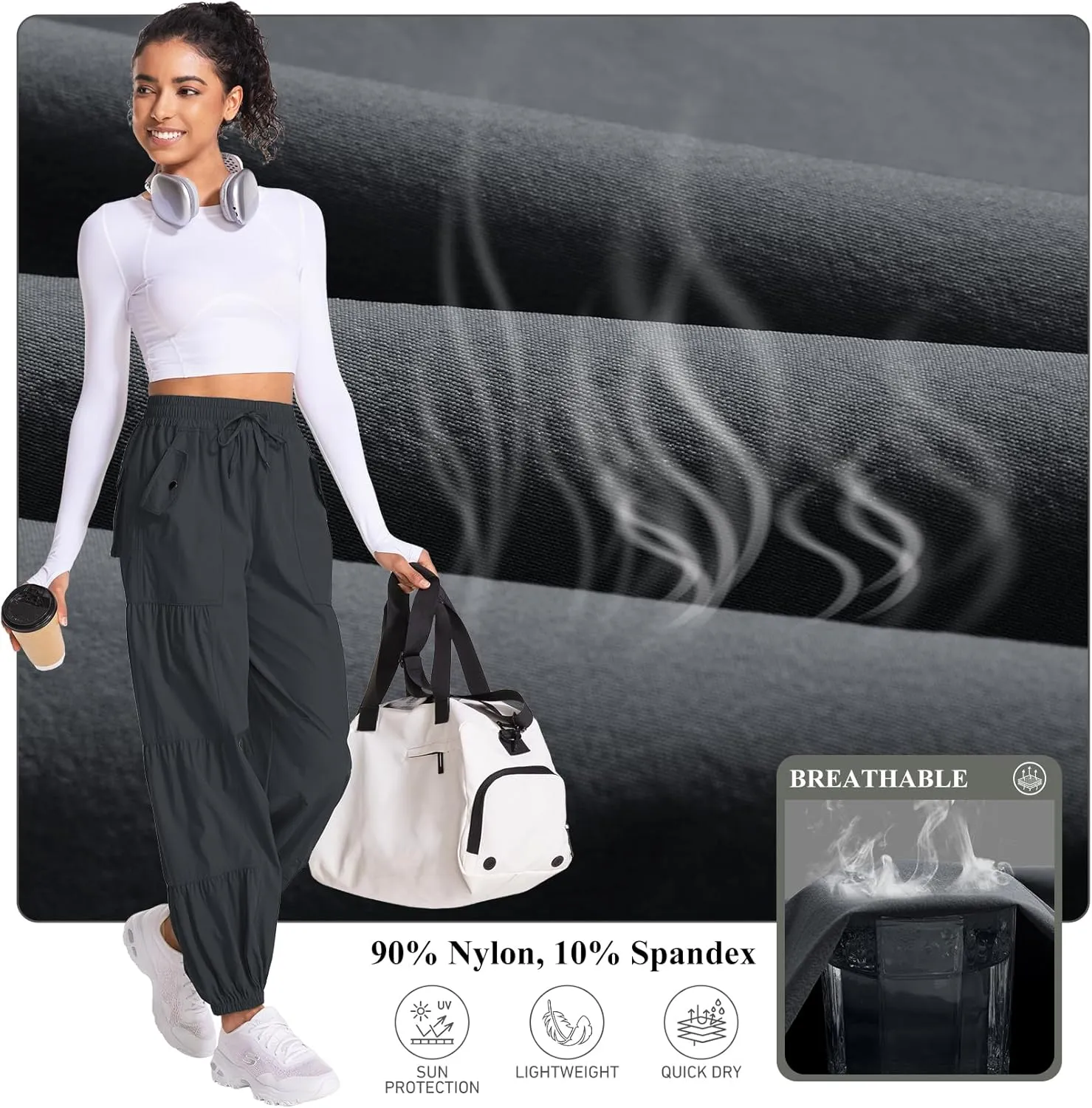 Jessie Kidden Womens Baggy Parachute Pants Drawstring Elastic Loose Jogger for Women Casual Lightweight Hiking