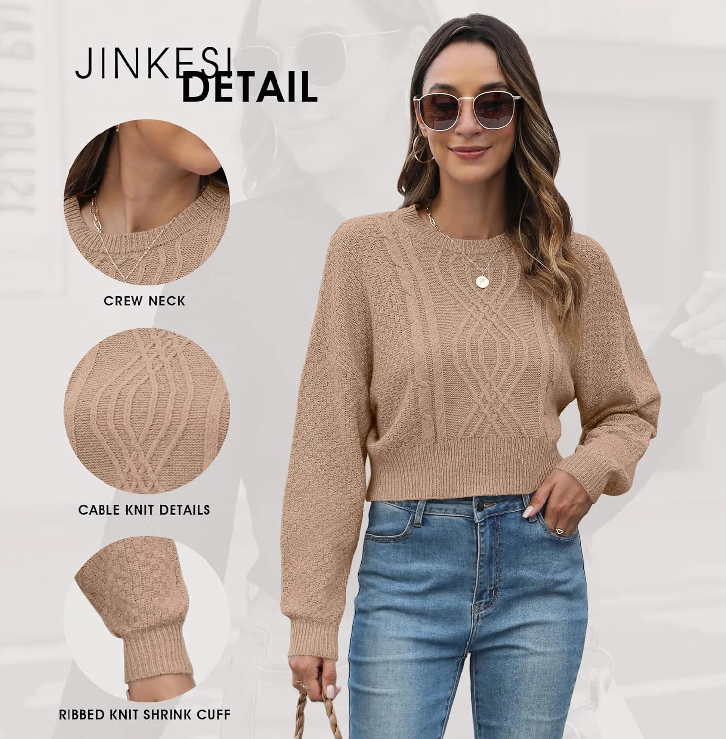 JINKESI Women's Crewneck Long Sleeve Cropped Sweater 2024 Fall Trendy Casual Soft Ribbed Knit Pullover Jumper Tops