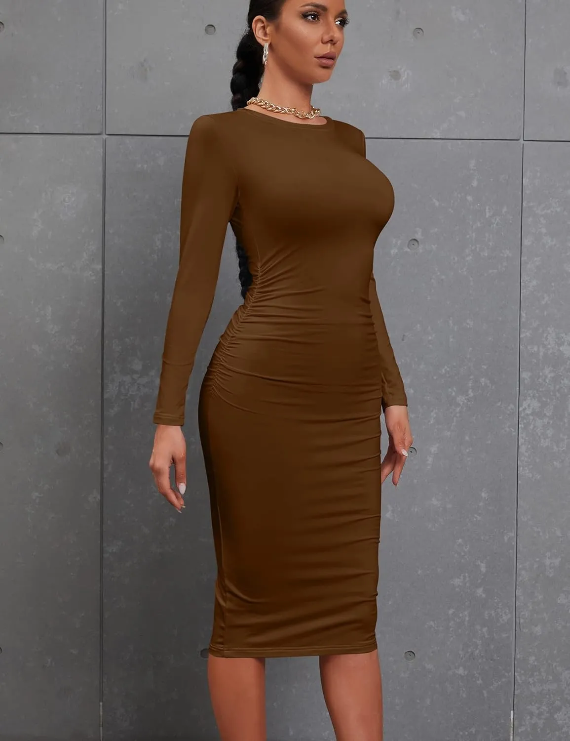 Kaximil Women's Sexy Bodycon Ruched Long Sleeve Basic Midi Club Party Pencil Dresses