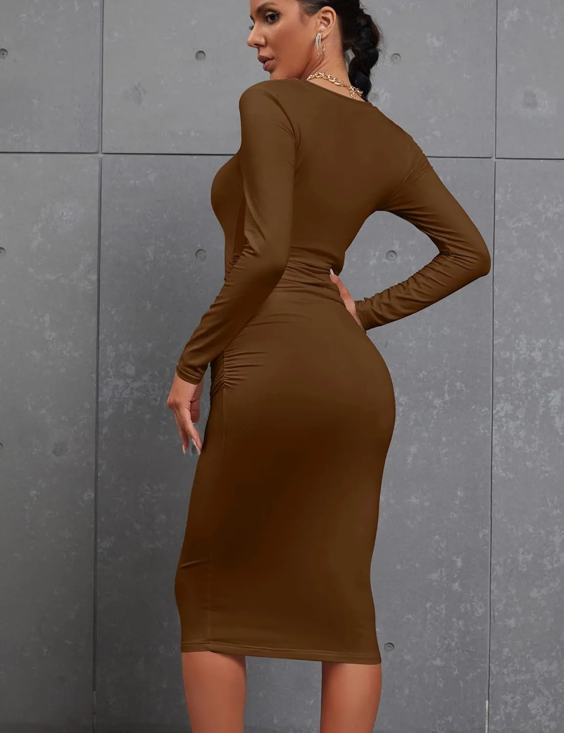 Kaximil Women's Sexy Bodycon Ruched Long Sleeve Basic Midi Club Party Pencil Dresses