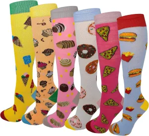 Kids Big Girls Youth Baby Children's Novelty Design Knee High Socks (L (FIt Kids Shoes 9 to Big Kids 4), 6 Pairs Yummy Foods)