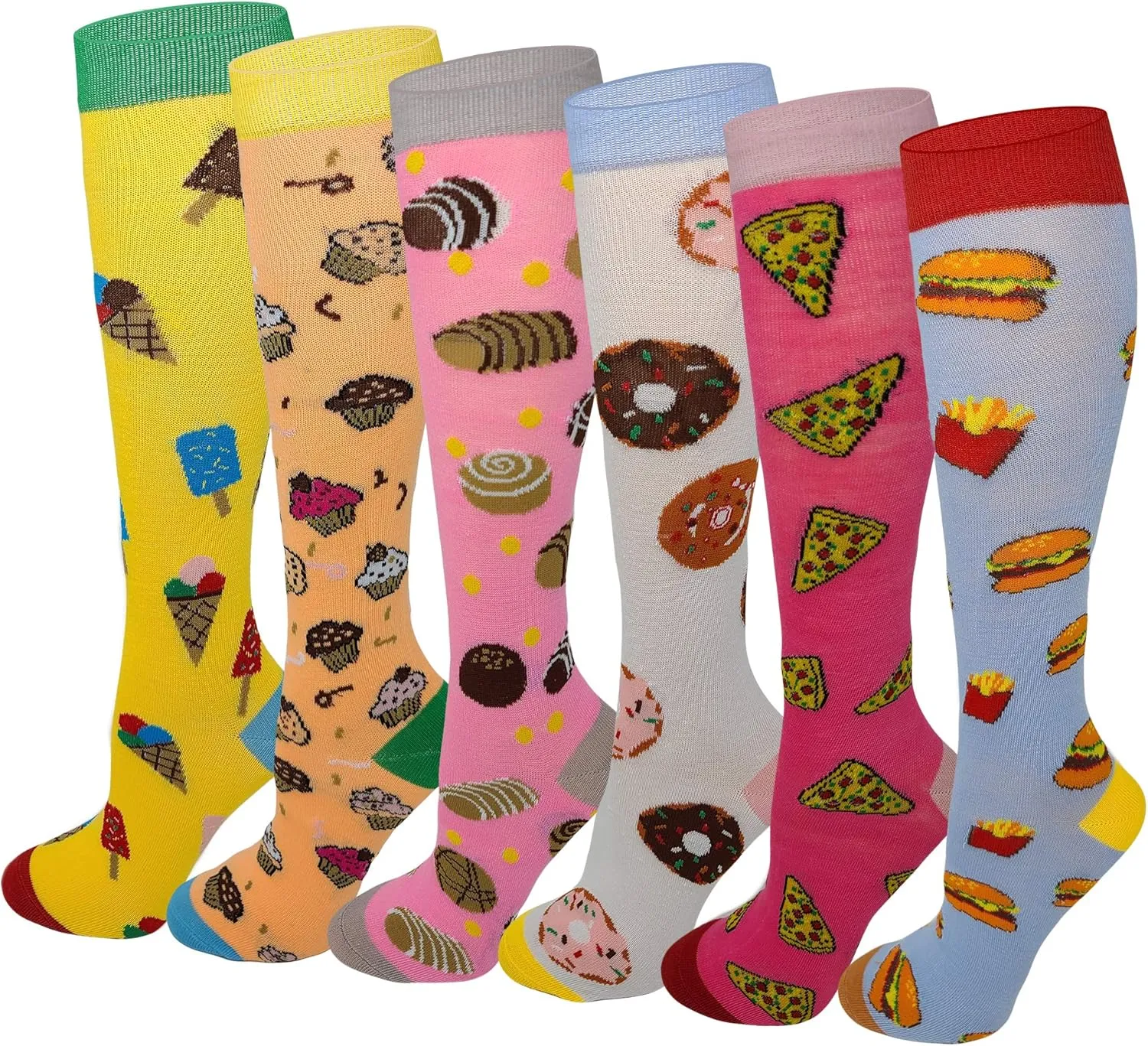 Kids Big Girls Youth Baby Children's Novelty Design Knee High Socks (L (FIt Kids Shoes 9 to Big Kids 4), 6 Pairs Yummy Foods)