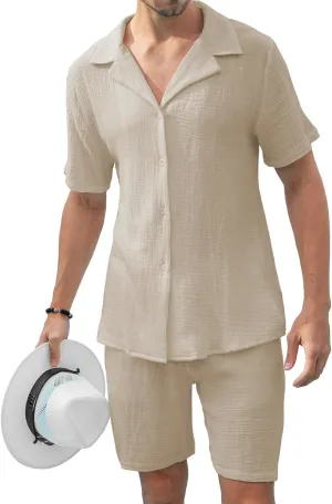 KUYIGO Men's 2 Pieces Beach Outfit Cotton Set Short Sleeve Button Down Shirts Shorts Summer Casual Outfits
