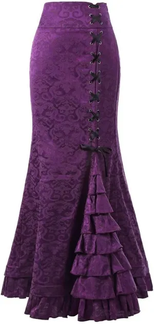 Lace Skirts for Women Maxi Long Side Pencil Skirt Lace Up Tiered Ruffle High Waist Drawstring Retro Valentine's