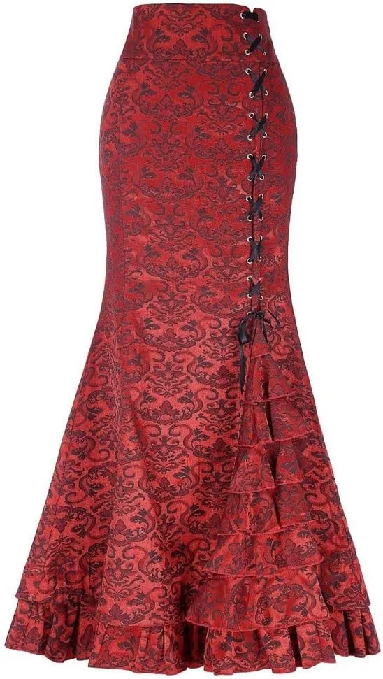 Lace Skirts for Women Maxi Long Side Pencil Skirt Lace Up Tiered Ruffle High Waist Drawstring Retro Valentine's