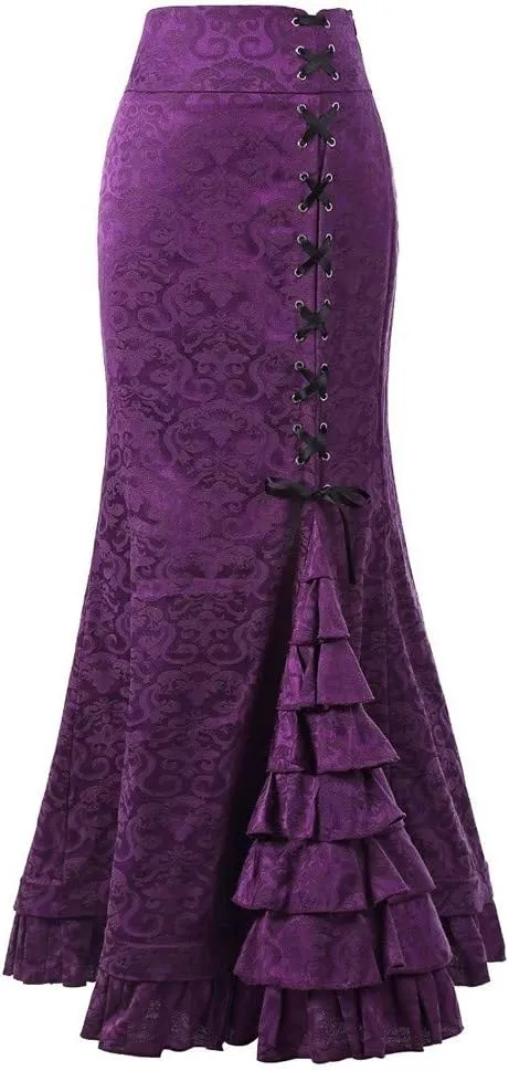 Lace Skirts for Women Maxi Long Side Pencil Skirt Lace Up Tiered Ruffle High Waist Drawstring Retro Valentine's