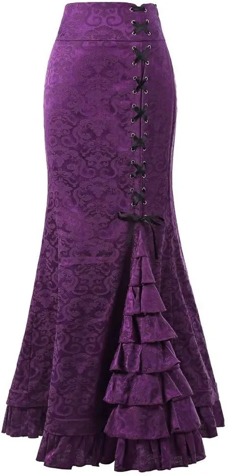 Lace Skirts for Women Maxi Long Side Pencil Skirt Lace Up Tiered Ruffle High Waist Drawstring Retro Valentine's