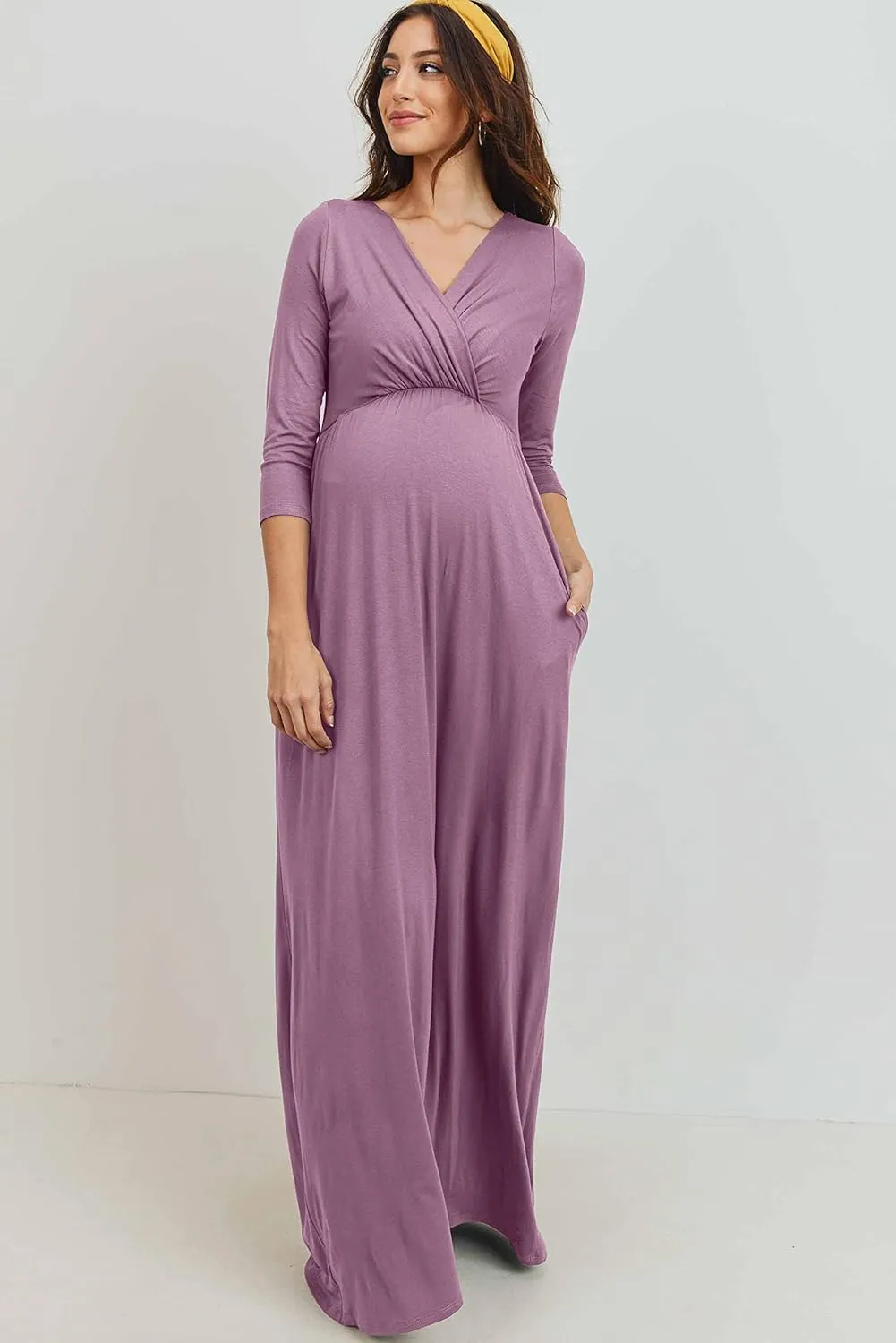 LaClef Women's Wrapped Ruched Maternity Dress with Pocket