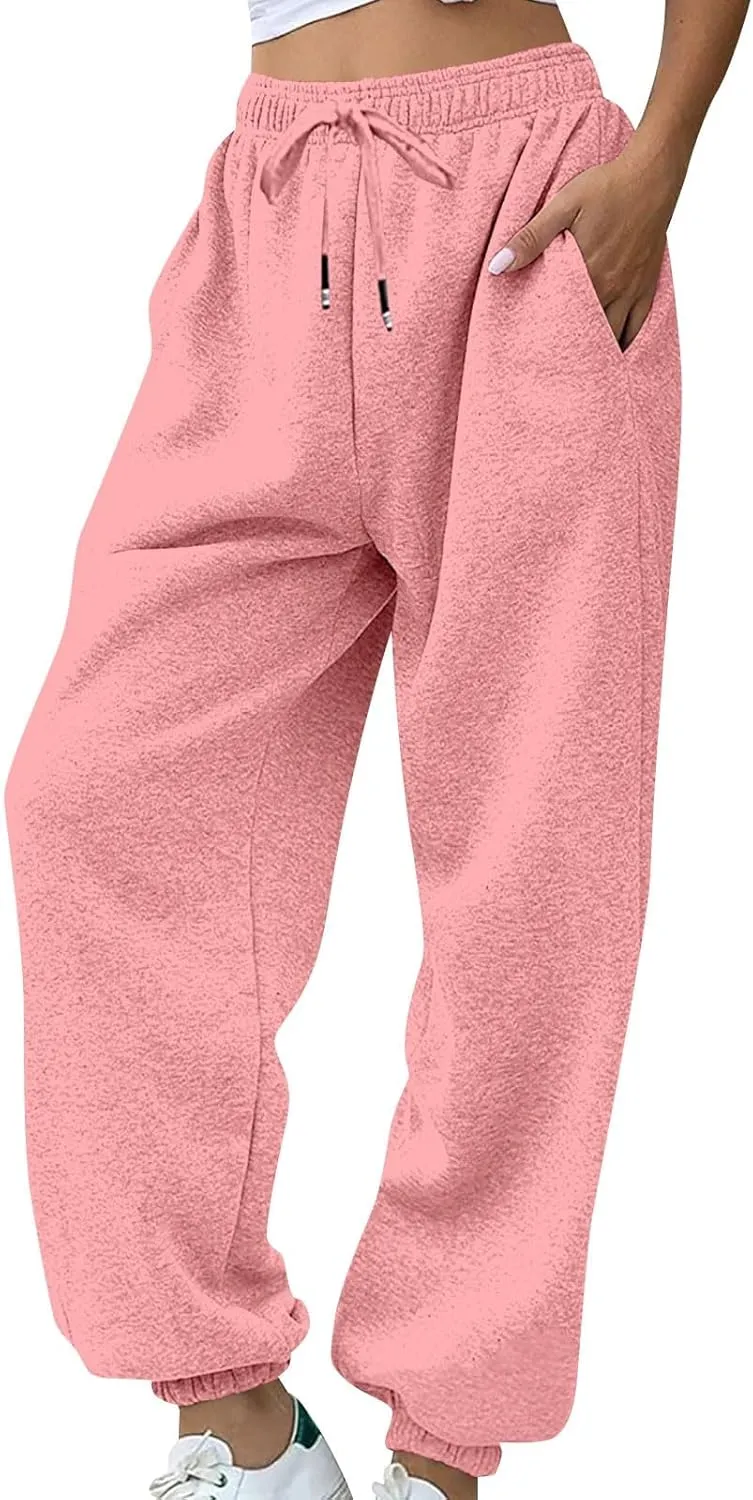 lcyhony Fleece Jogger Sweatpants Women Baggy Comfy Straight Leg Yoga Pants with Pockets Stretch Casual Athletic Sweat Pants