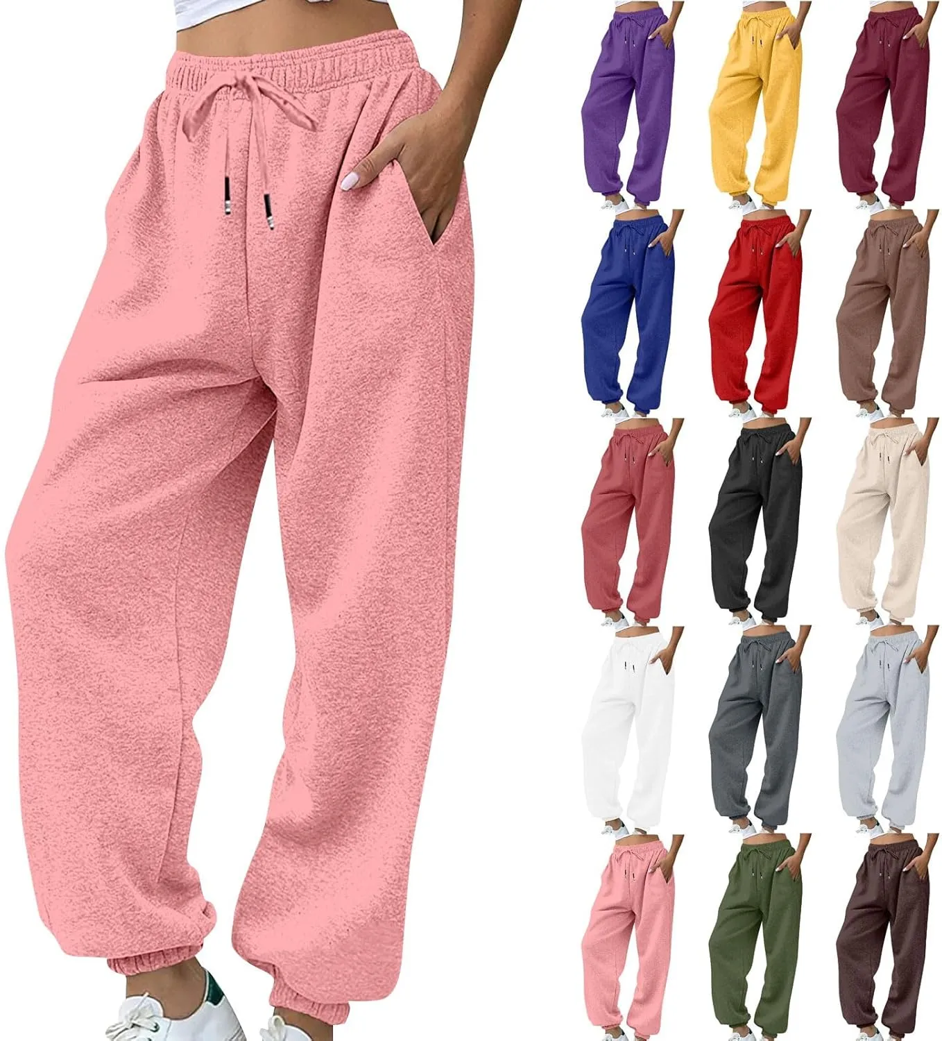 lcyhony Fleece Jogger Sweatpants Women Baggy Comfy Straight Leg Yoga Pants with Pockets Stretch Casual Athletic Sweat Pants