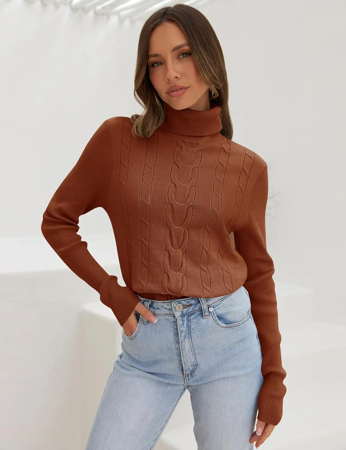 LEANI Womens 2024 Turtleneck Sweaters Cable Knit Long Sleeve Pullover Sweater Jumper