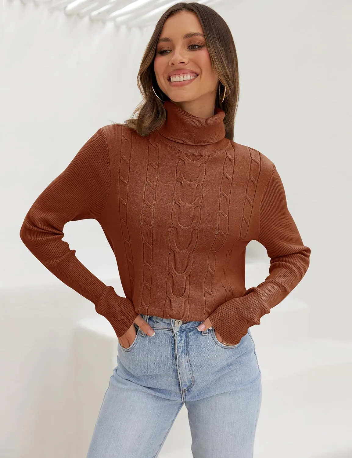 LEANI Womens 2024 Turtleneck Sweaters Cable Knit Long Sleeve Pullover Sweater Jumper