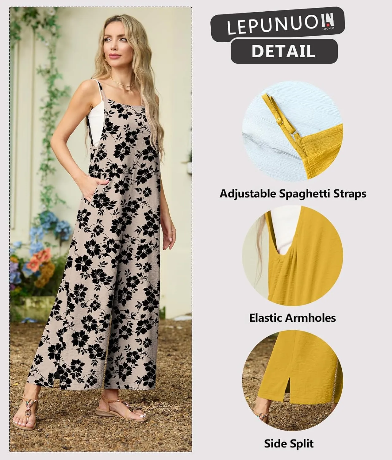 Lepunuo Womens Casual Loose Jumpsuits Summer Boho Wide Leg Rompers Sleeveless Overalls with Pockets
