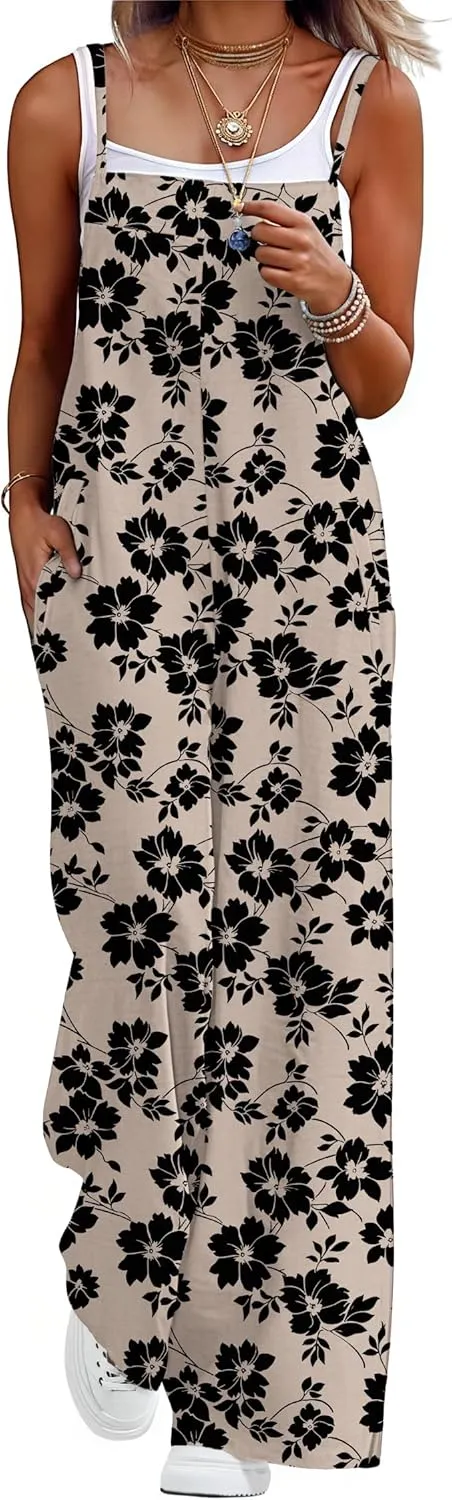 Lepunuo Womens Casual Loose Jumpsuits Summer Boho Wide Leg Rompers Sleeveless Overalls with Pockets