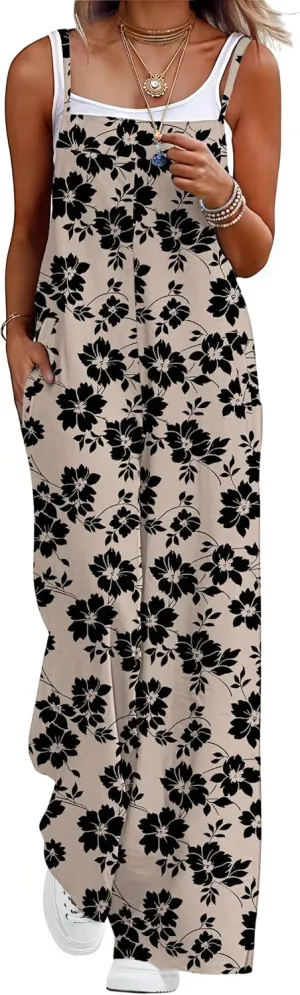 Lepunuo Womens Casual Loose Jumpsuits Summer Boho Wide Leg Rompers Sleeveless Overalls with Pockets