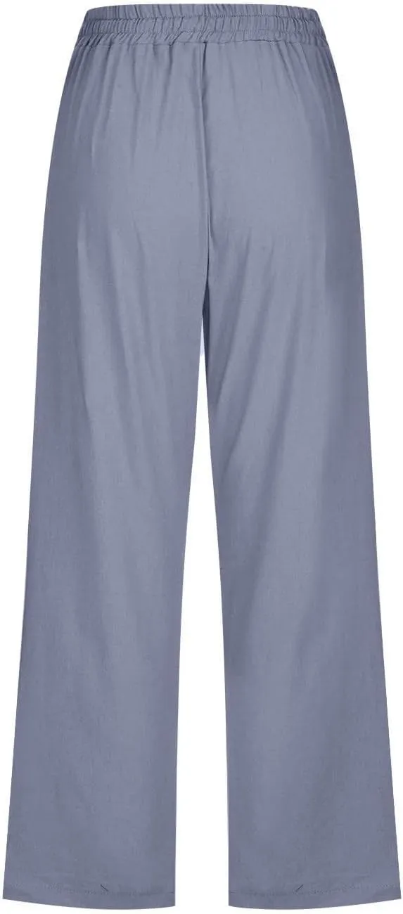Linen Capri Pants for Women High Waisted Beach Pants Pull on Summer Pants Drawstring Loose Casual Pants with Pockets