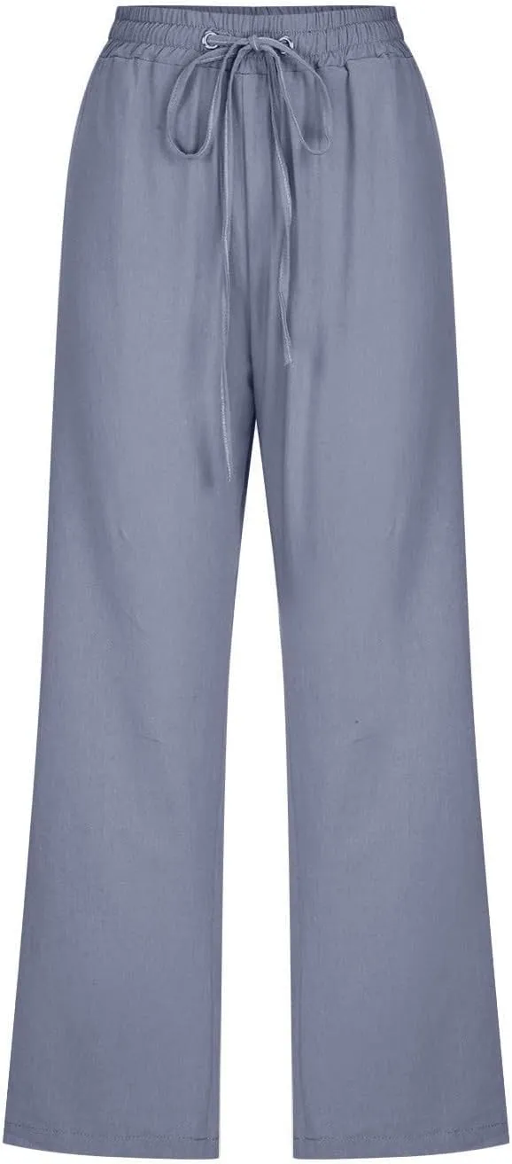 Linen Capri Pants for Women High Waisted Beach Pants Pull on Summer Pants Drawstring Loose Casual Pants with Pockets