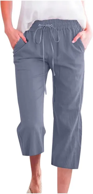 Linen Capri Pants for Women High Waisted Beach Pants Pull on Summer Pants Drawstring Loose Casual Pants with Pockets