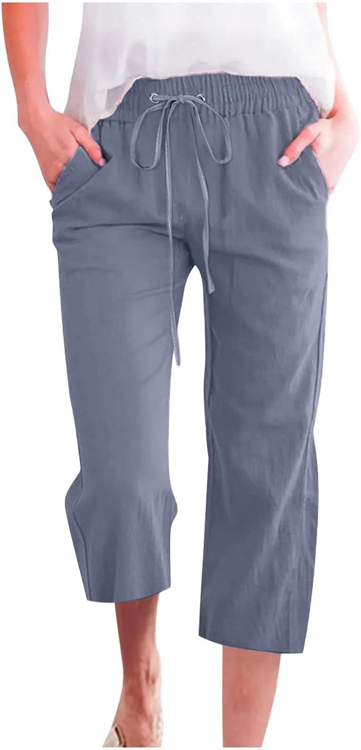 Linen Capri Pants for Women High Waisted Beach Pants Pull on Summer Pants Drawstring Loose Casual Pants with Pockets