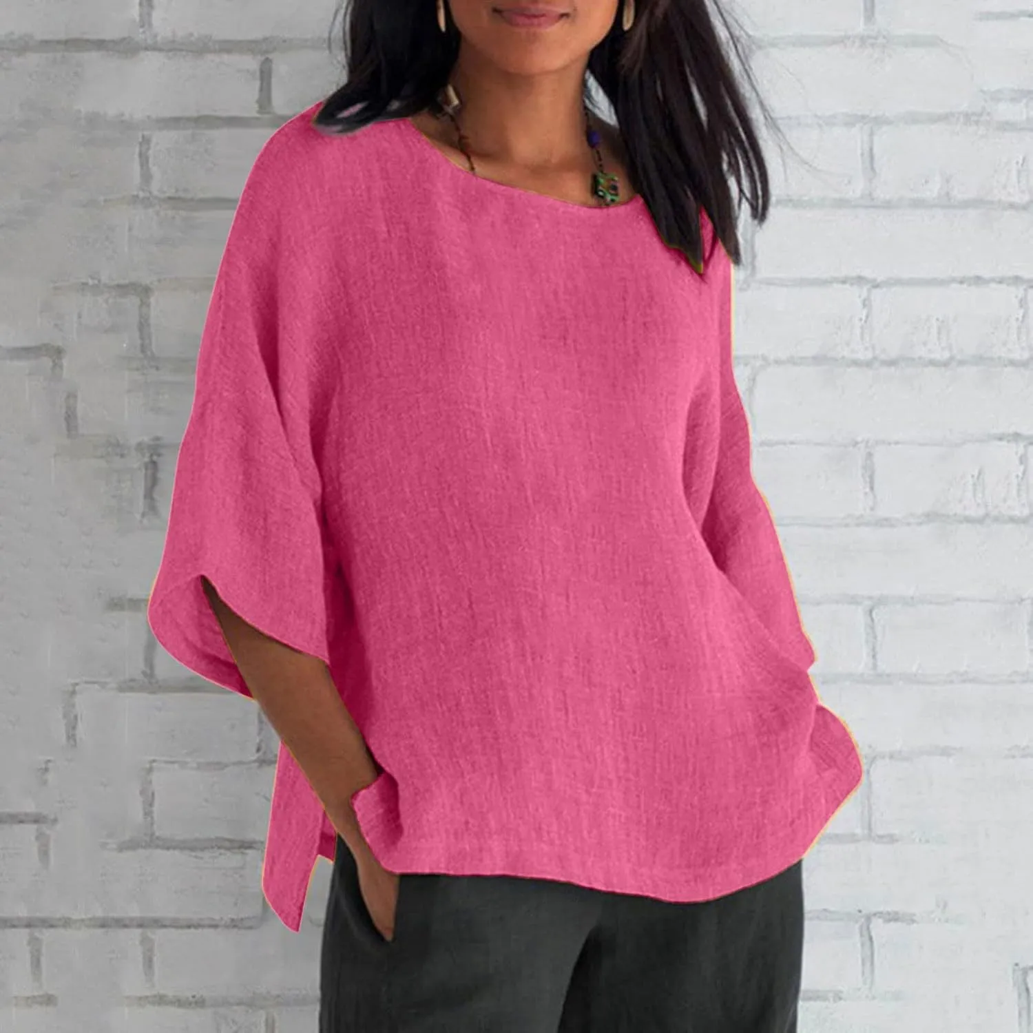 Linen Shirts for Women Plus Size 3/4 Length Sleeve Tops Casual Loose Fit Round Neck Tees 2025 Summer Fashion Blouse