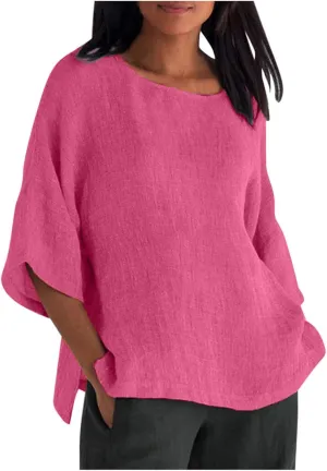 Linen Shirts for Women Plus Size 3/4 Length Sleeve Tops Casual Loose Fit Round Neck Tees 2025 Summer Fashion Blouse