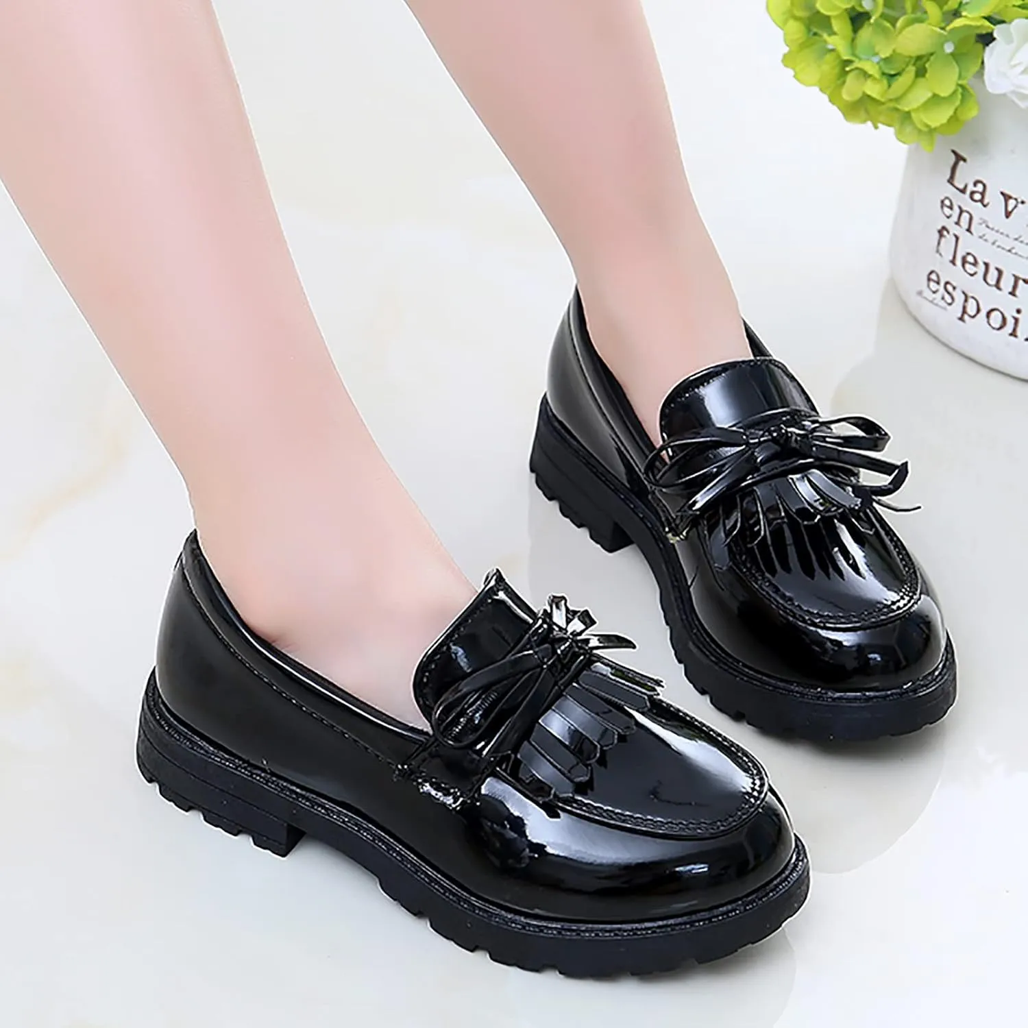 Little Girl Slip On Leather Loafer Tassel Bow School Dress Non-slip Shoes For Girls Toddler Boy