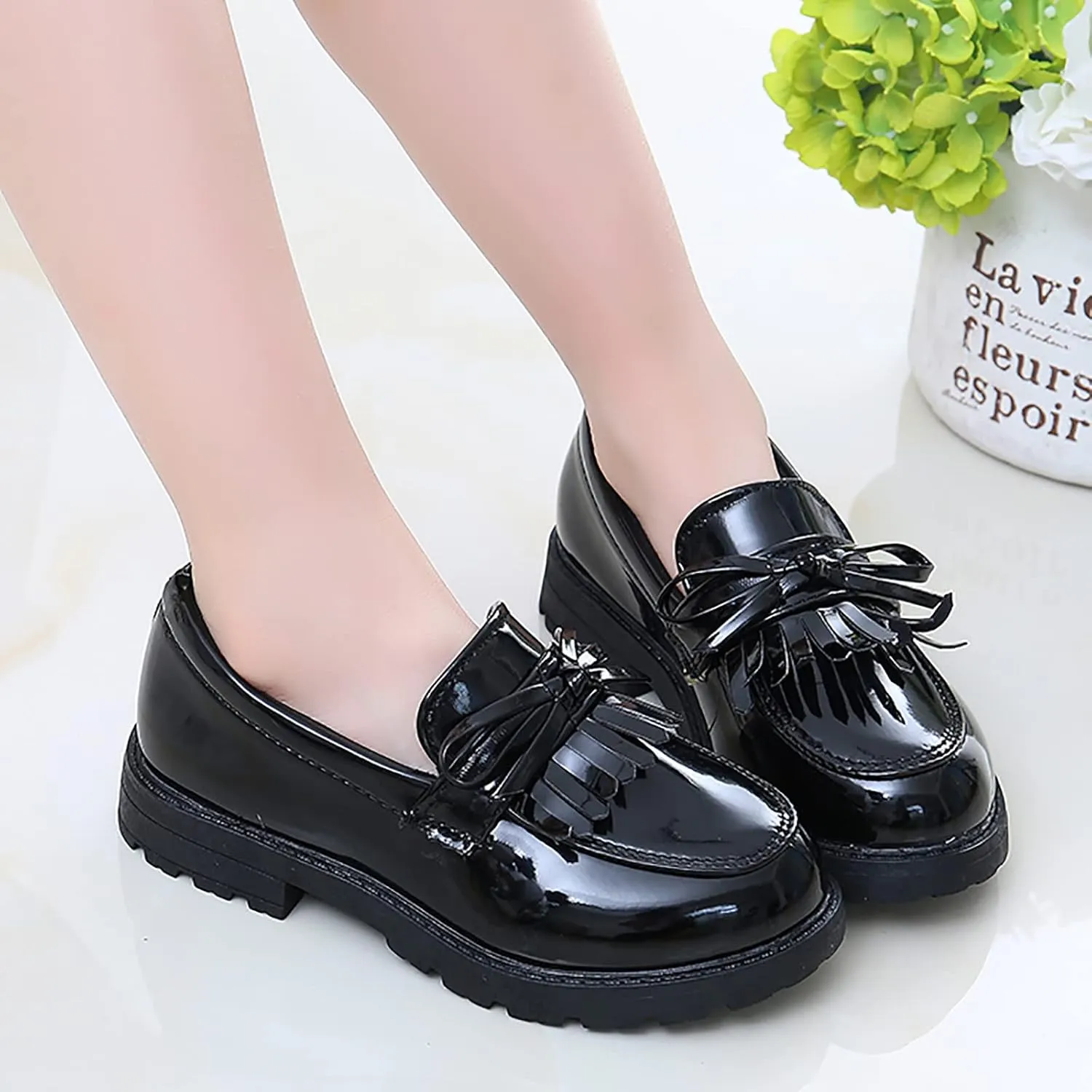 Little Girl Slip On Leather Loafer Tassel Bow School Dress Non-slip Shoes For Girls Toddler Boy