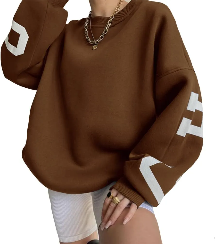LOFAAC Women Oversized Fleece Letter Graphic Print Sweatshirt Aesthetic Crew Neck Long Sleeve Drop Shoulder Pullover Top